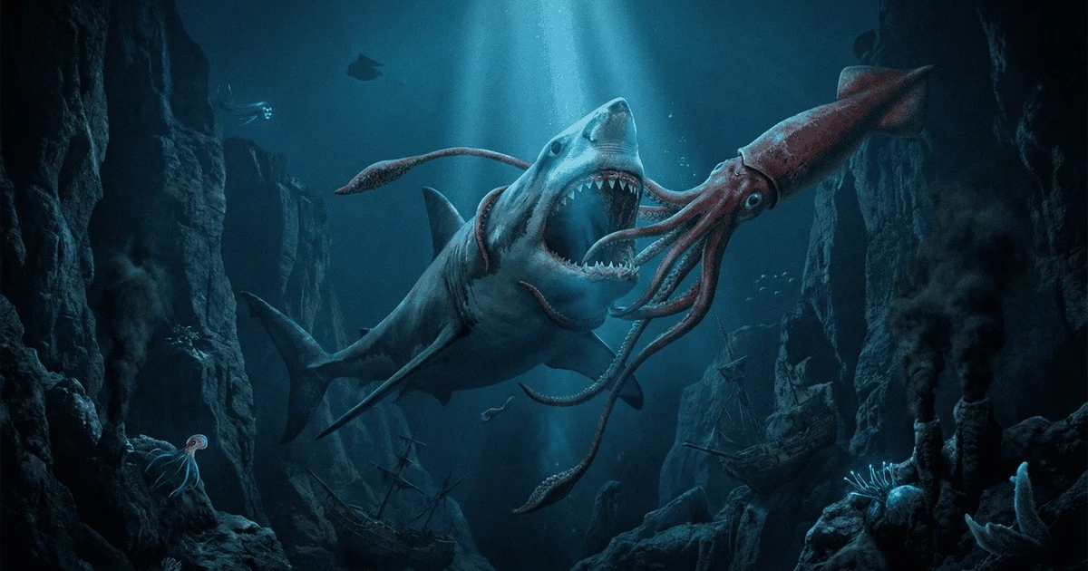 Megalodonte vs. Kraken: el duelo subacuático donde el diente quiebra la piel