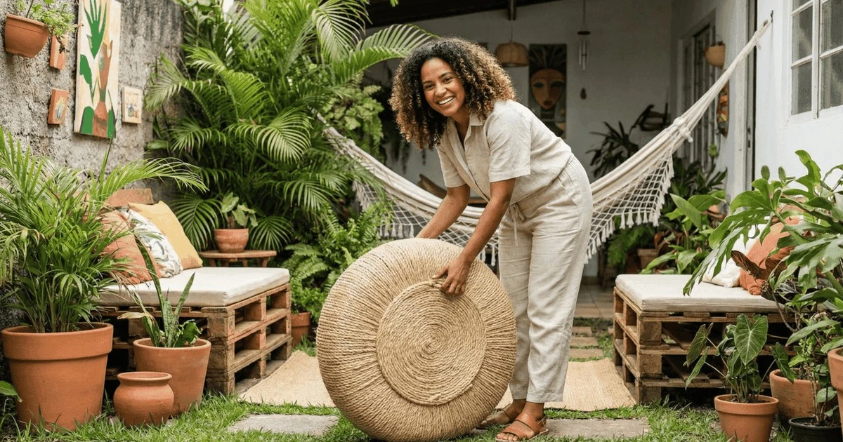 Reinventa tu espacio exterior: transforma neumáticos viejos en puffs de lujo con cuerda de sisal